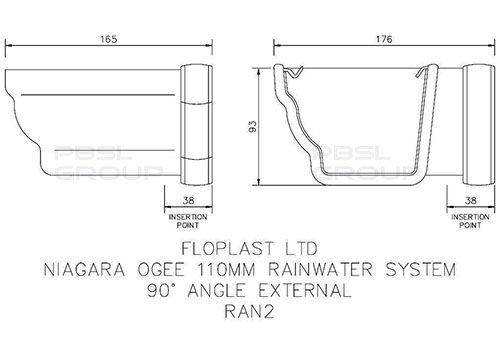 FloPlast Ogee Gutter External Angle - 90 Degree x 110mm x 80mm Black