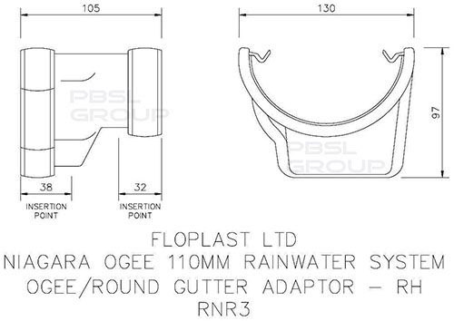 FloPlast PVC Half Round to PVC Ogee Right Hand Gutter Adaptor - Black