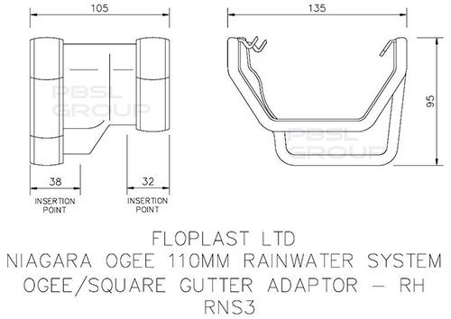 FloPlast Square to Ogee Right Hand Gutter Adaptor - Black