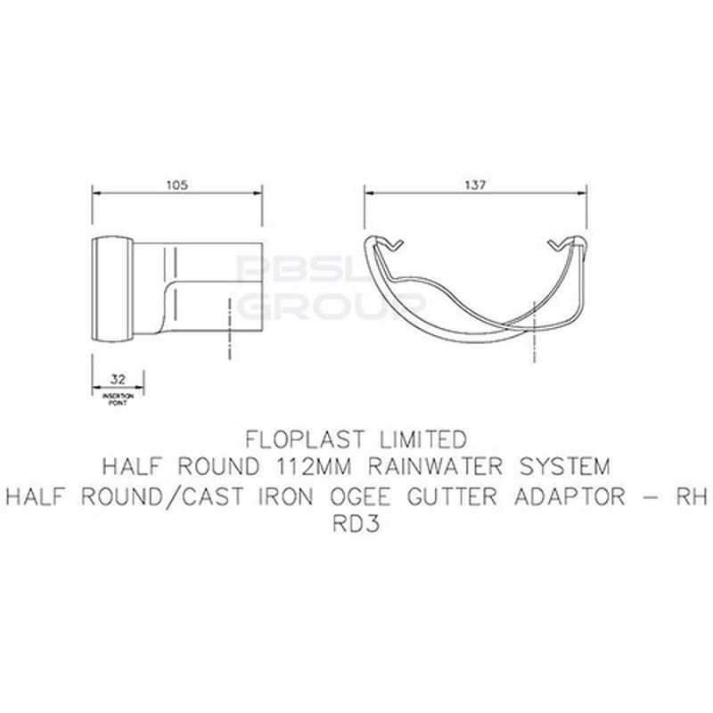 FloPlast PVC Half Round to Cast Iron Ogee Right Hand Gutter Adaptor - Black