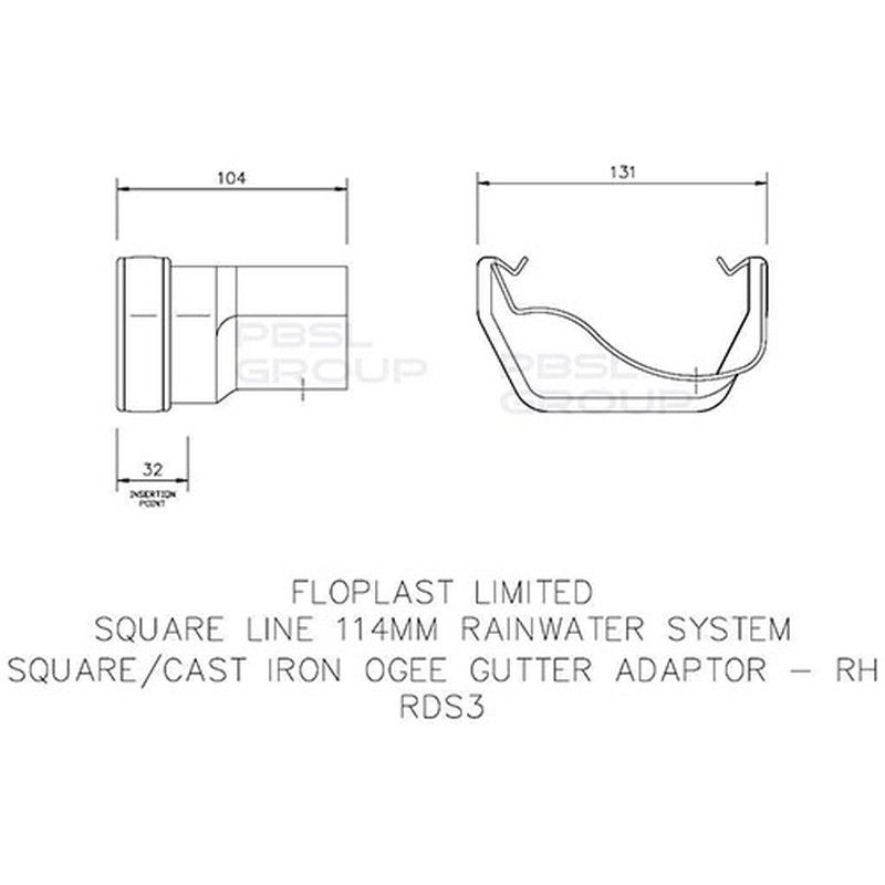 FloPlast PVC Square to Cast Iron Ogee Right Hand Guter Adaptor - Black