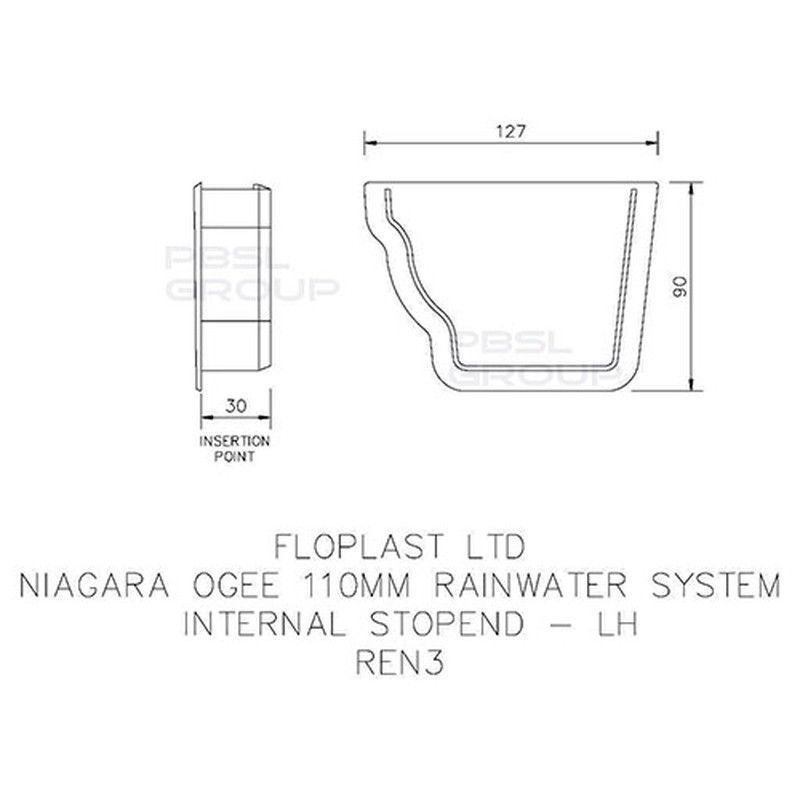 FloPlast Ogee Gutter Internal Stopend Left Hand - 110mm x 80mm White