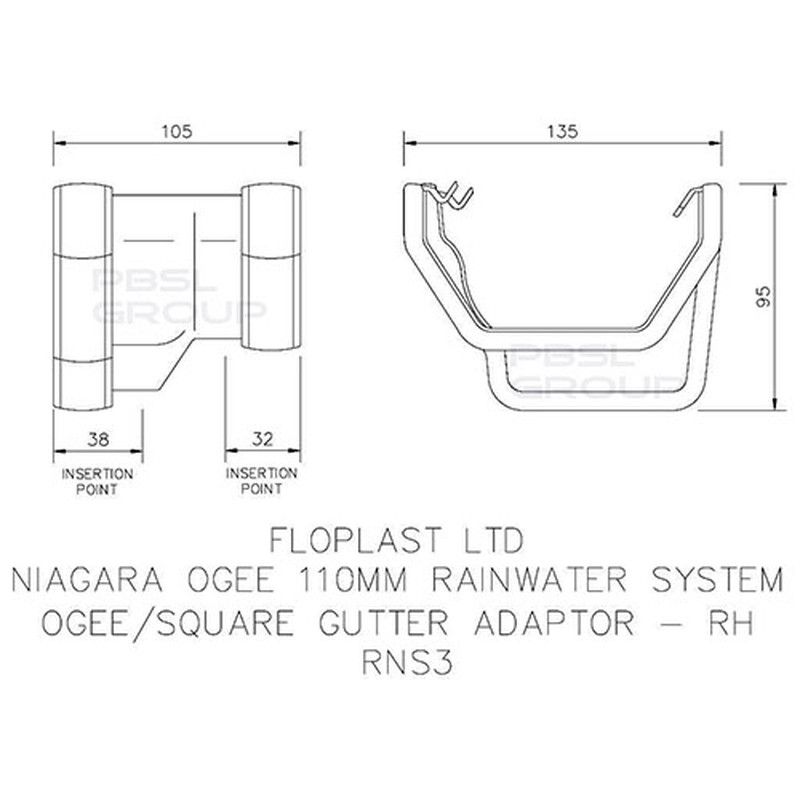 FloPlast Square to Ogee Right Hand Gutter Adaptor - Brown