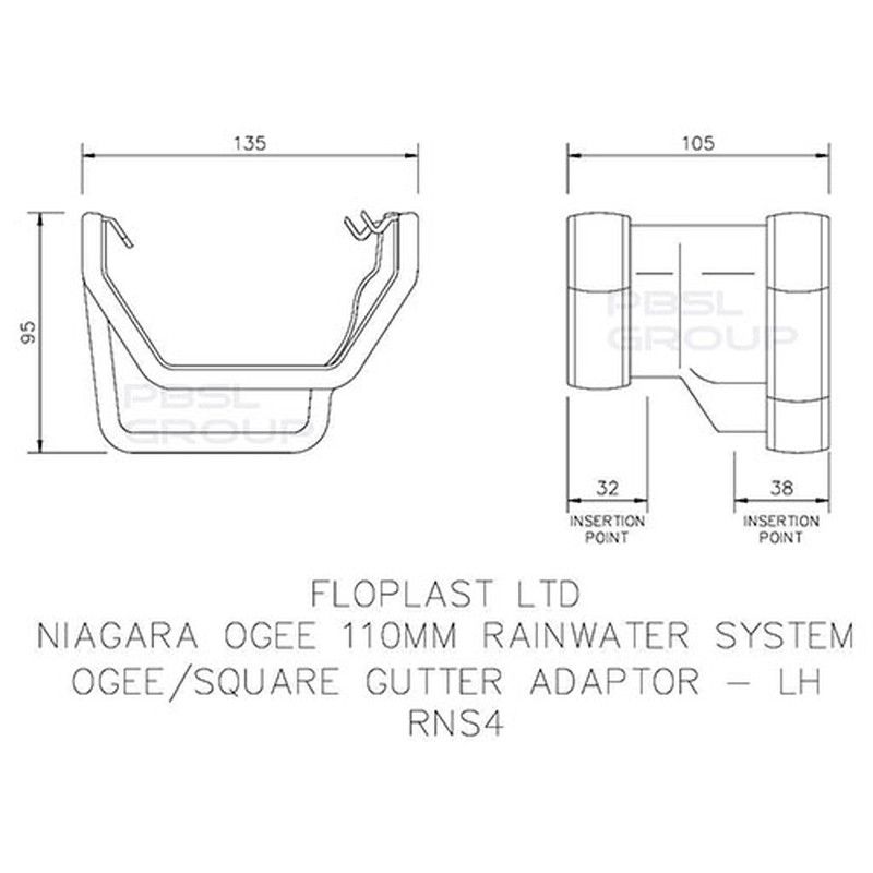 FloPlast Square to Ogee Left Hand Gutter Adaptor - Black