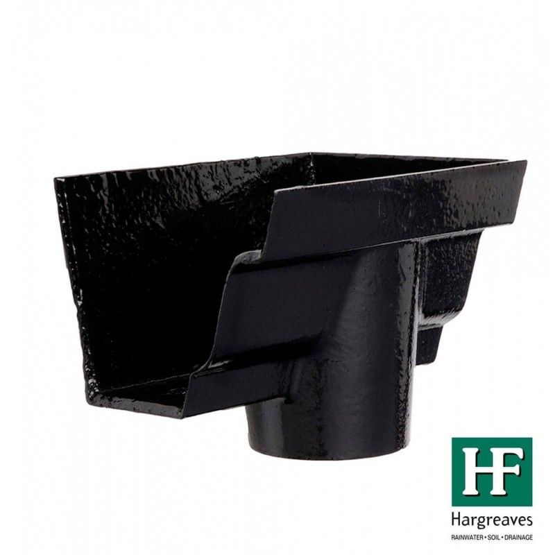 Cast Iron Moulded Ogee Gutter Right Hand Stopend Outlet - 100mm for 75mm Downpipe Black