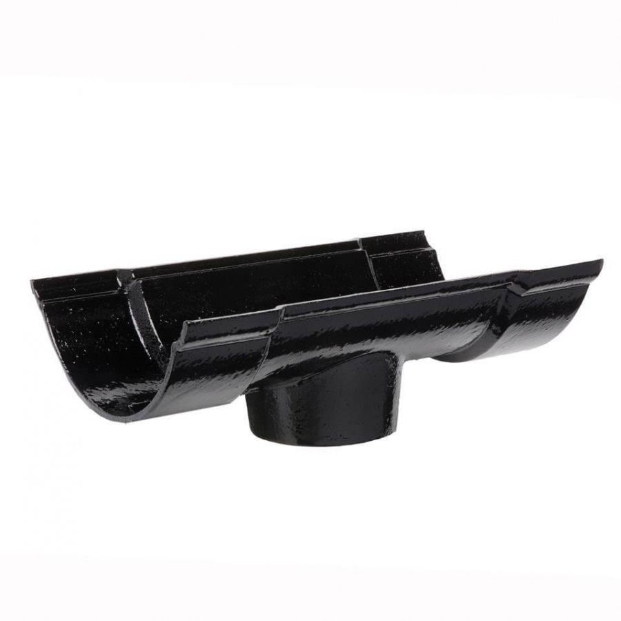 Cast Iron Beaded Half Round Gutter Running Outlet - 115mm for 75mm Downpipe Black