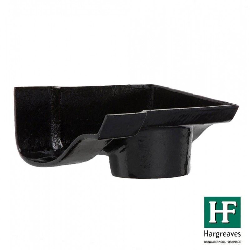 Cast Iron Ogee Gutter Right Hand Stopend Outlet - 125mm for 65mm Downpipe Black