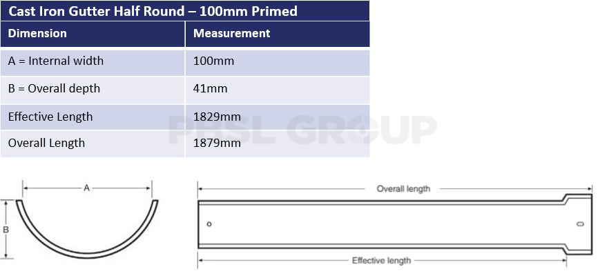100mm Cast Iron Primed Half Round Dimensions