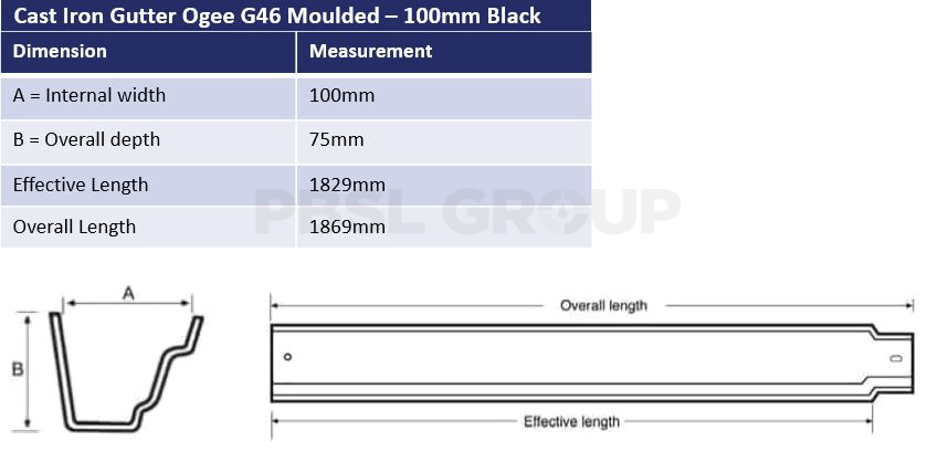 100mm Cast Iron Ogee G46 Primed Dimensions