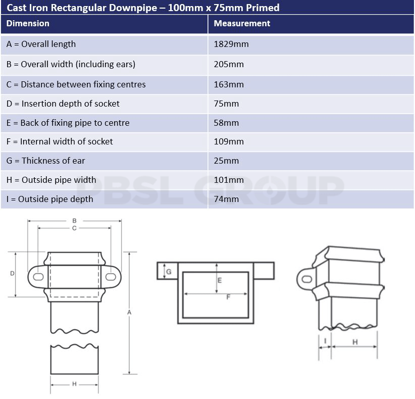 100mm x 75mm Primed Cast Iron Rectangular Downpipe Dimensions
