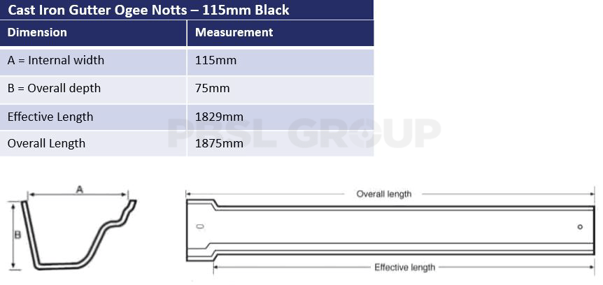 115mm Cast Iron Ogee Notts Primed Dimensions