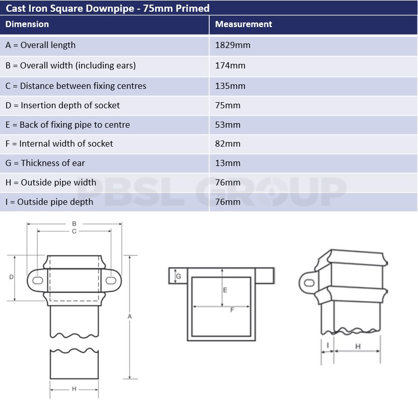 75mm Primed Cast Iron Square Downpipe Dimensions 75mm Primed Cast Iron Square Downpipe Dimensions